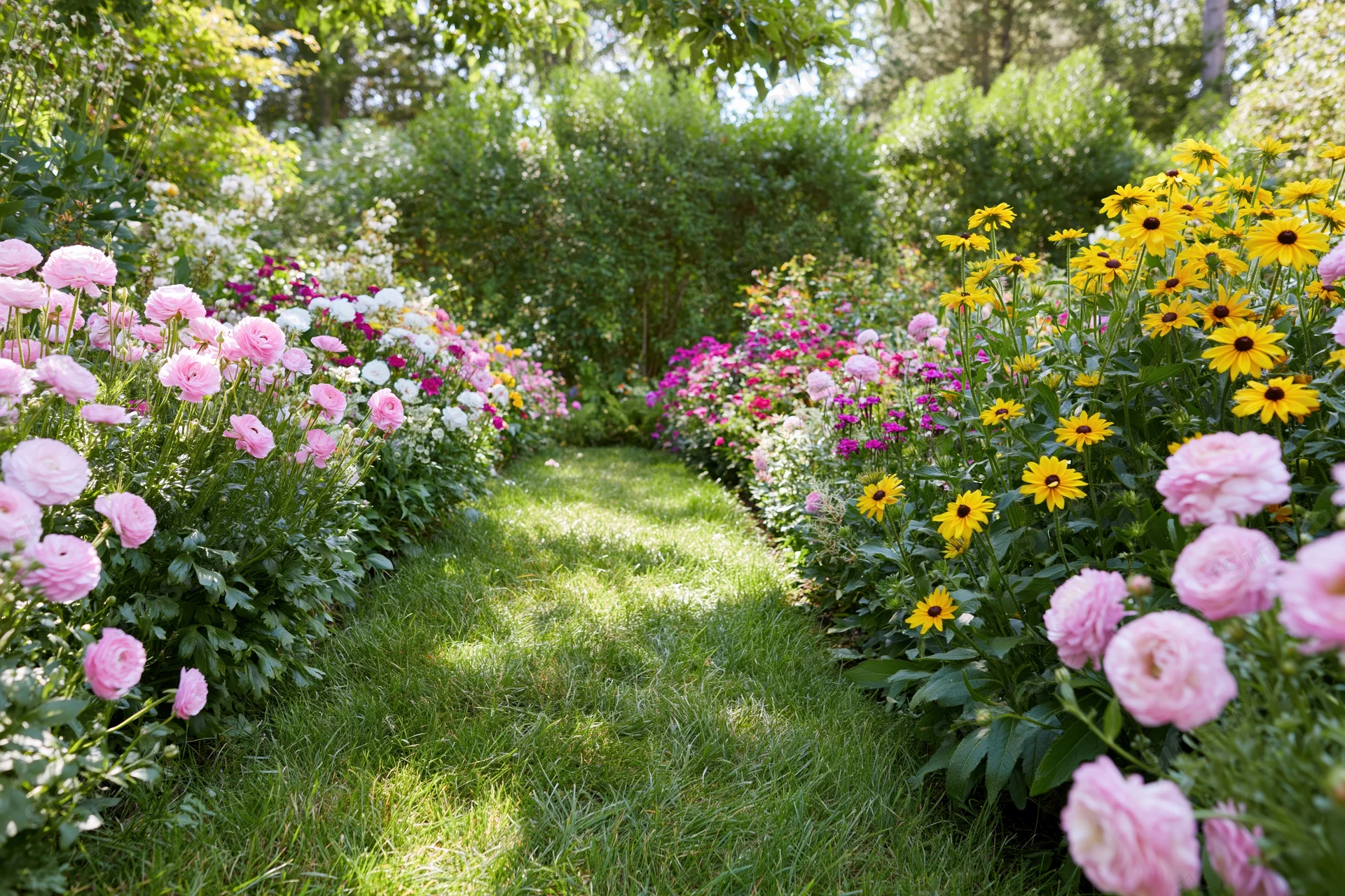 Sunlit grass path lined with blooming pink roses and yellow flowers in a garden