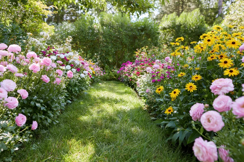 Sunlit grass path lined with blooming pink roses and yellow flowers in a garden