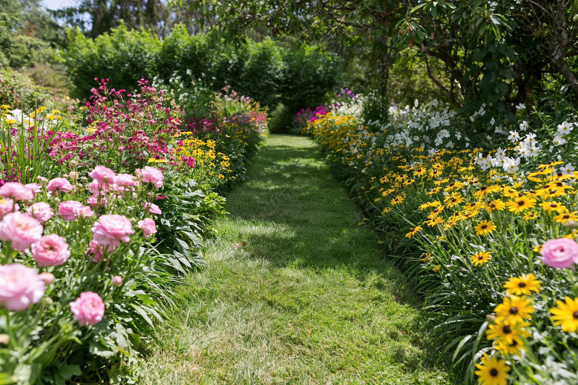 Sunlit grass path lined with blooming pink roses and yellow flowers in a garden