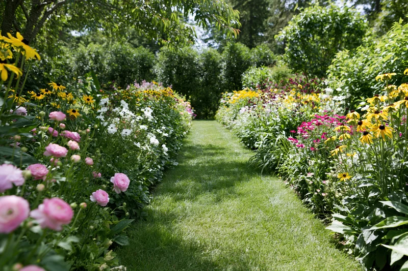Sunlit grass path lined with blooming flowers in a garden