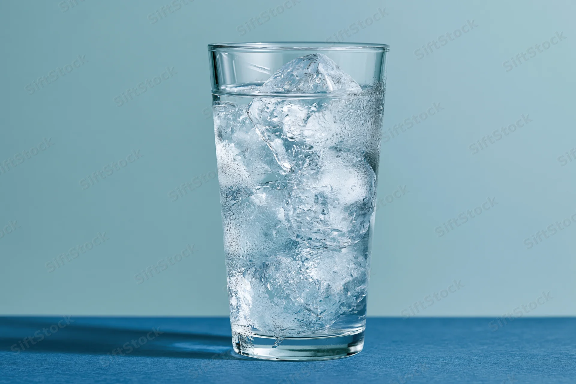 Tall clear glass filled with ice water and large ice cubes on blue surface