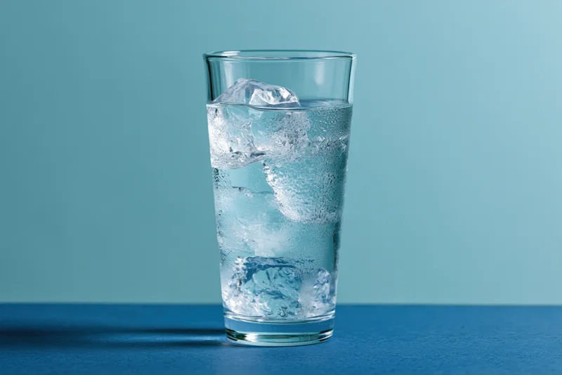 Tall glass of ice water with large ice cubes on blue surface