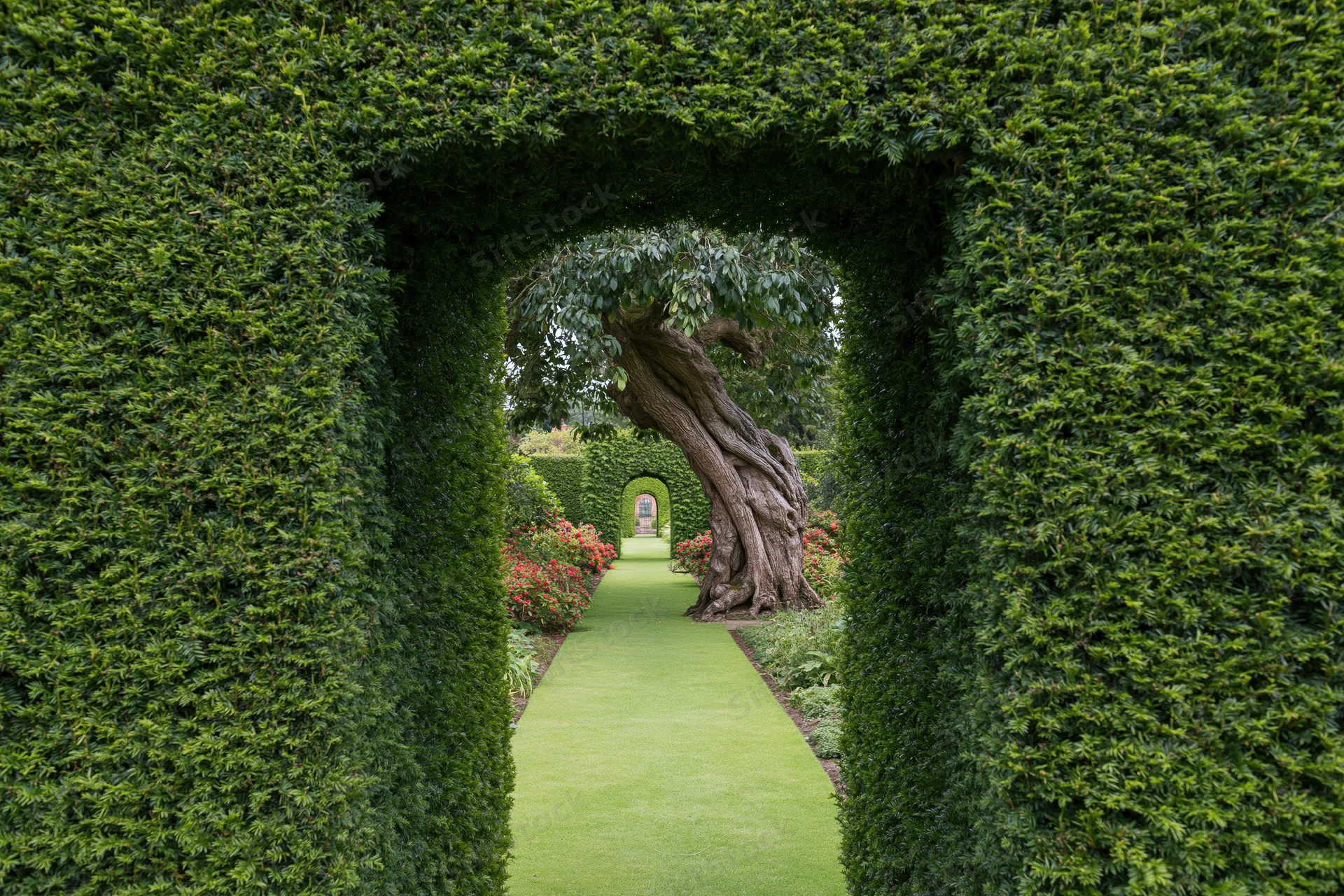 A tall clipped yew hedge arch framing a view through a formal garden pathway with a tree trunk and distant arch in the distance