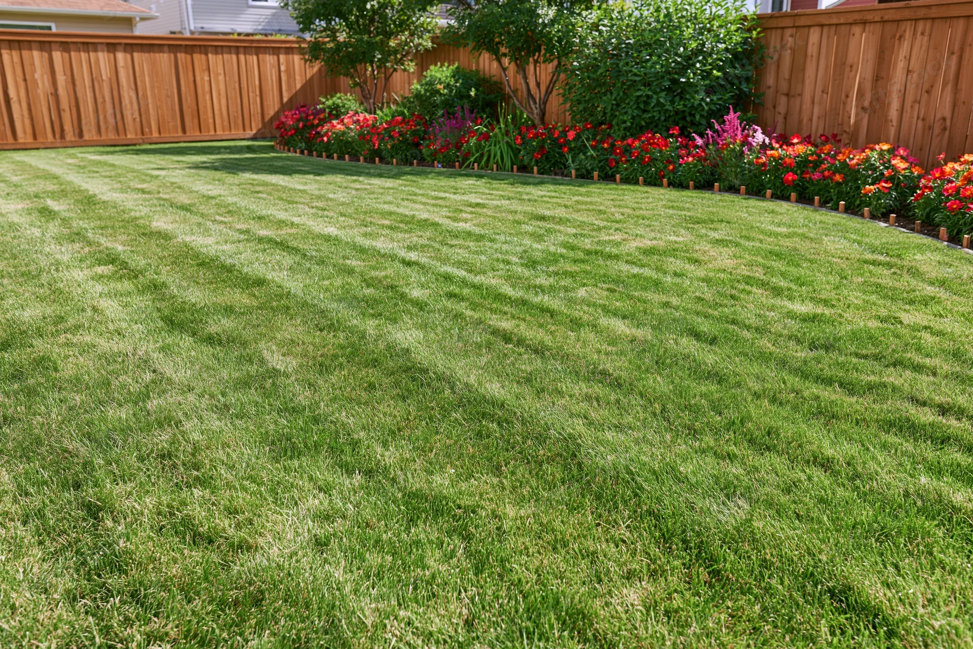 Neatly mowed lawn with flower border along wooden fence in suburban backyard