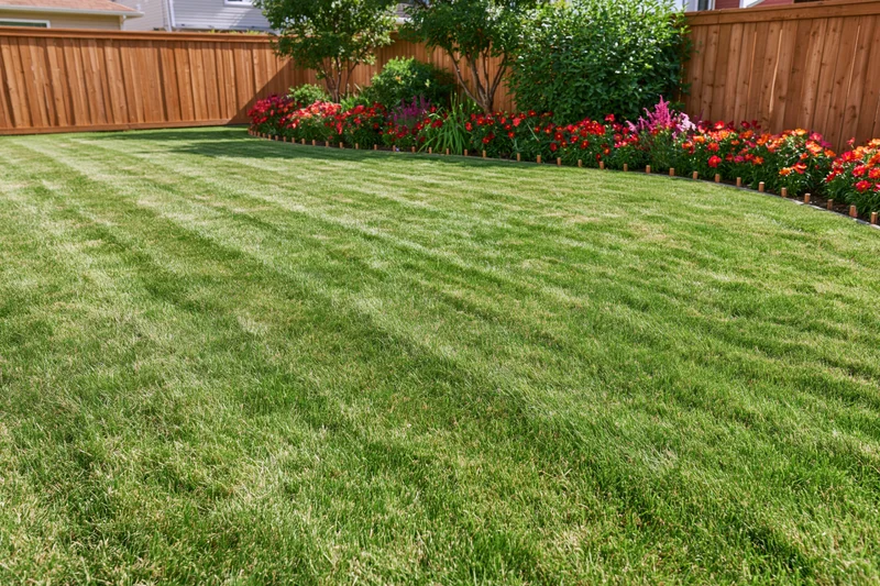 Neatly mowed lawn with flower border along wooden fence in suburban backyard