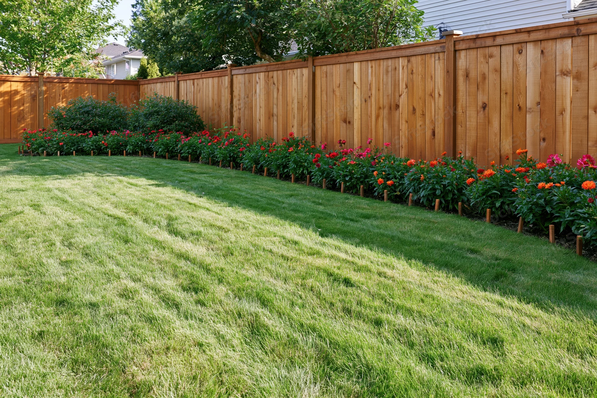Neatly mowed lawn bordered by flowerbeds and wooden fence in suburban backyard