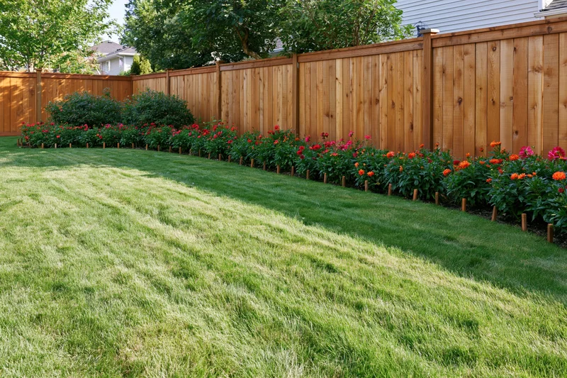 Neatly mowed lawn bordered by flowerbeds and wooden fence in suburban backyard