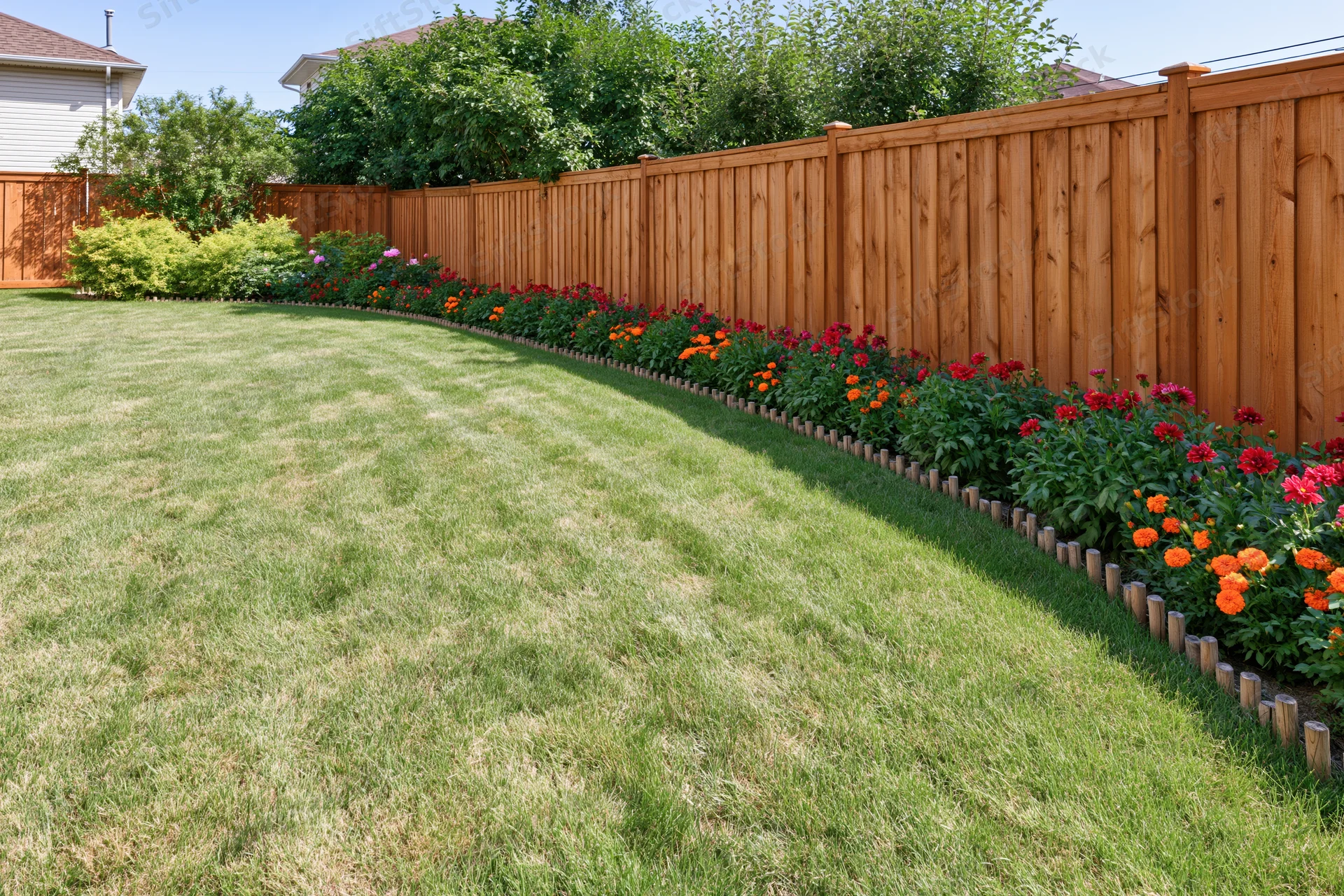 Neatly mown lawn bordered by flowerbed with red and orange flowers along wooden fence in suburban backyard