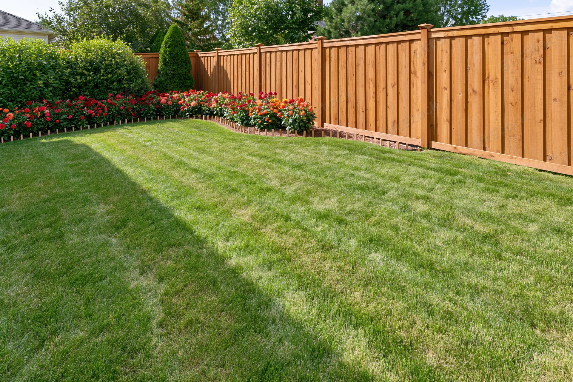 Neatly mowed lawn bordered by flowers and a wooden fence in a suburban backyard