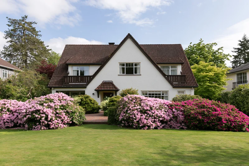 White two-story suburban house with blooming pink rhododendrons in front yard garden