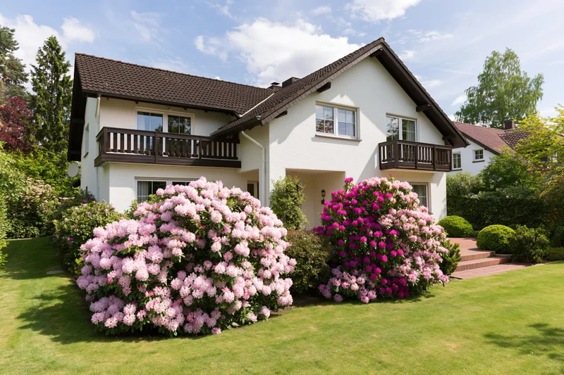 White two-story suburban house with blooming pink and purple rhododendrons in front yard garden