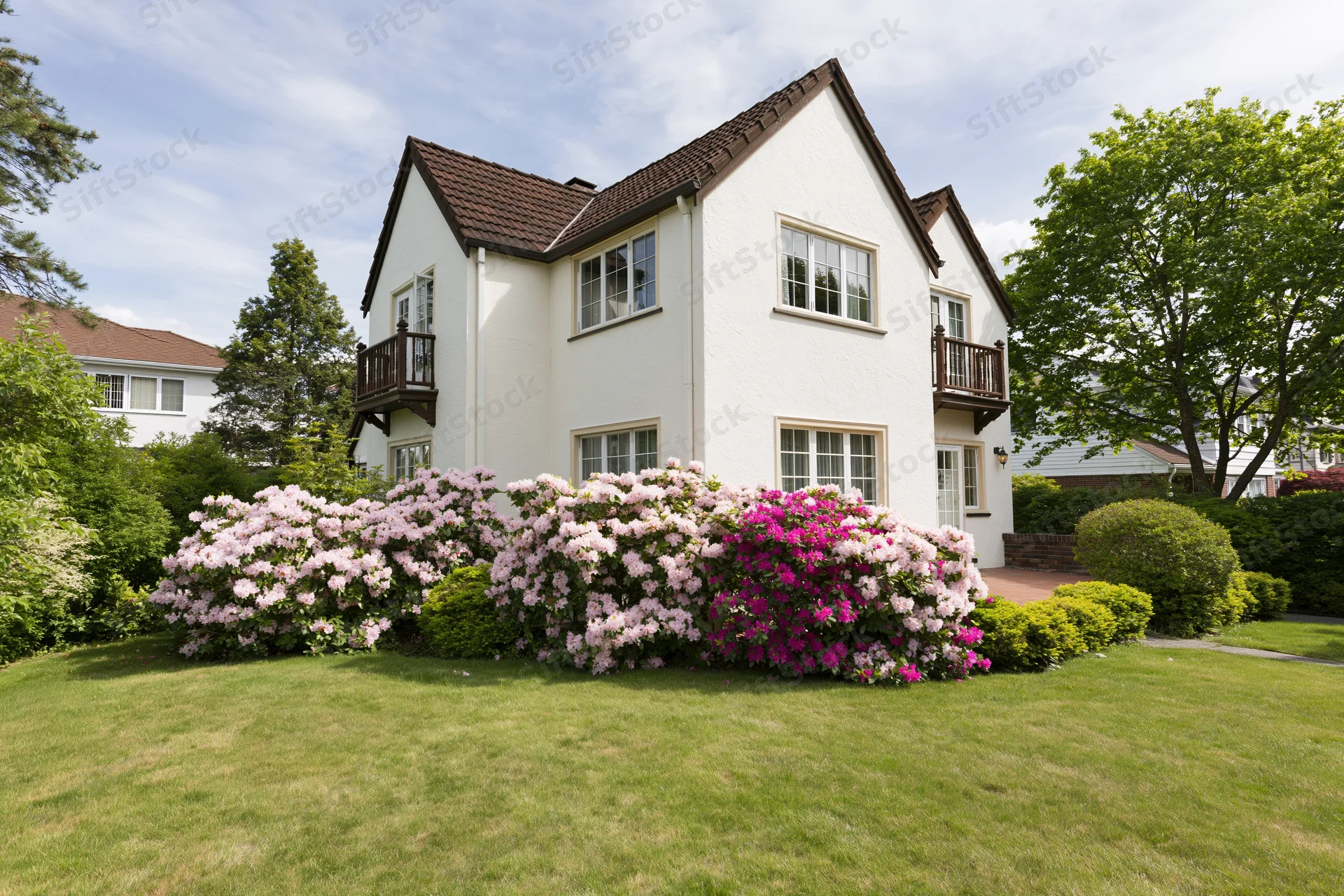 White two-story suburban house with dark tiled roof and blooming rhododendron bushes in front yard