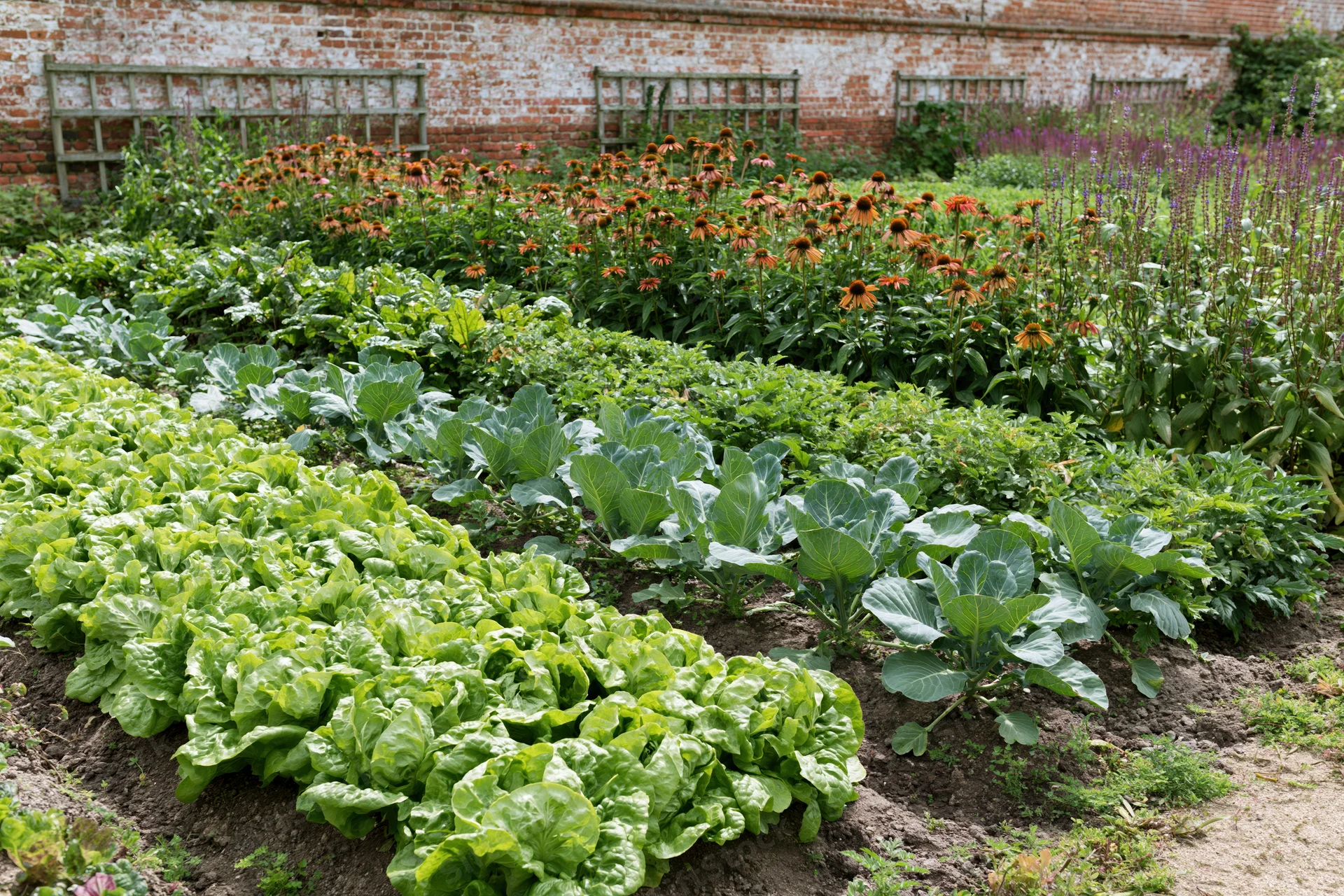 Neat rows of lettuce and brassicas growing in a walled garden with flowering plants and brick walls