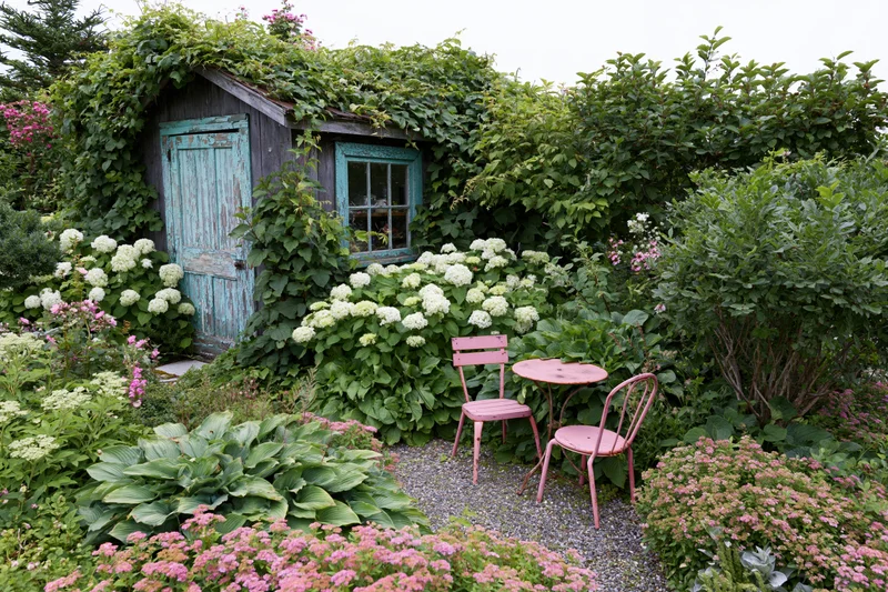 Weathered wooden garden shed covered in ivy and flowers with pink metal table and chairs on gravel path