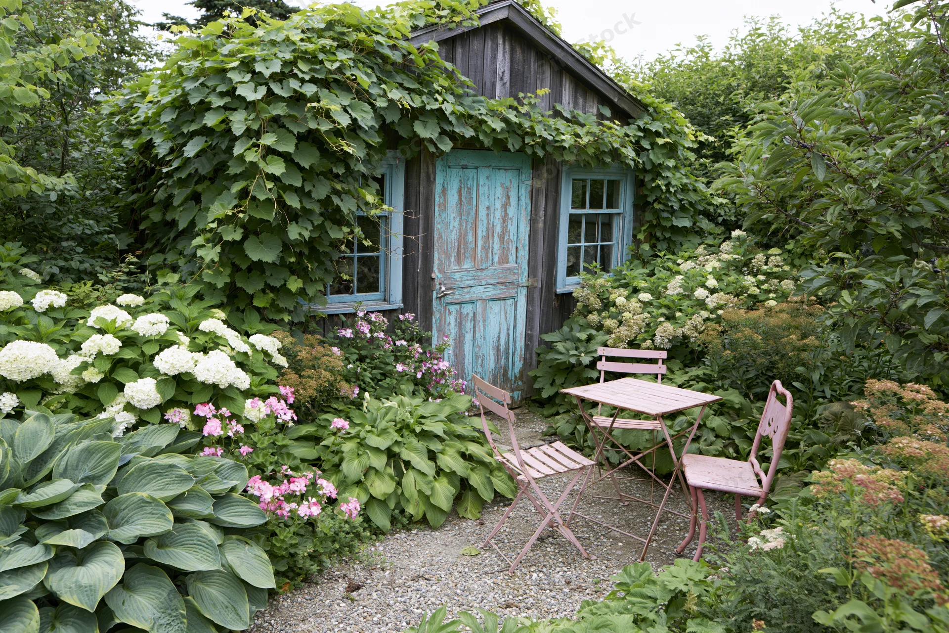 Weathered wooden garden shed covered in green vines and flowers with small table and chairs on gravel patio
