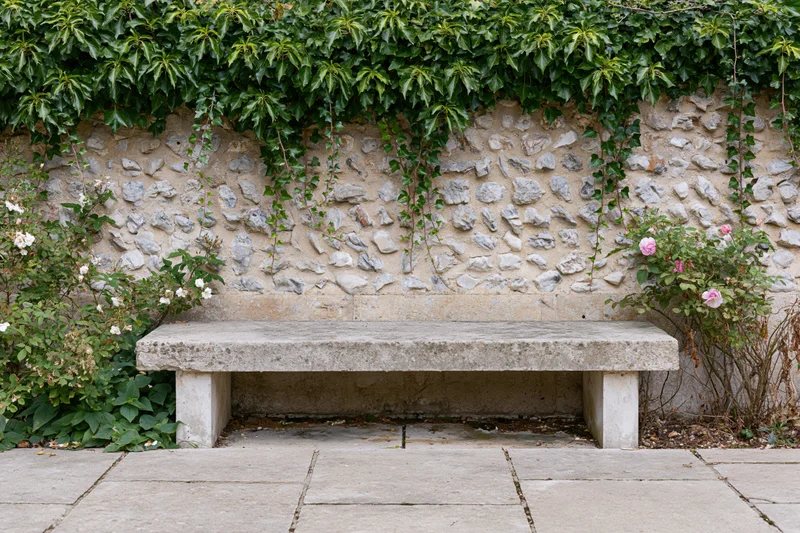 Weathered stone bench sitting empty against a stone wall covered in ivy and flowering shrubs in a garden courtyard