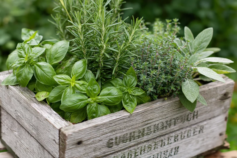 Mixed fresh herbs growing in a weathered wooden crate outdoors