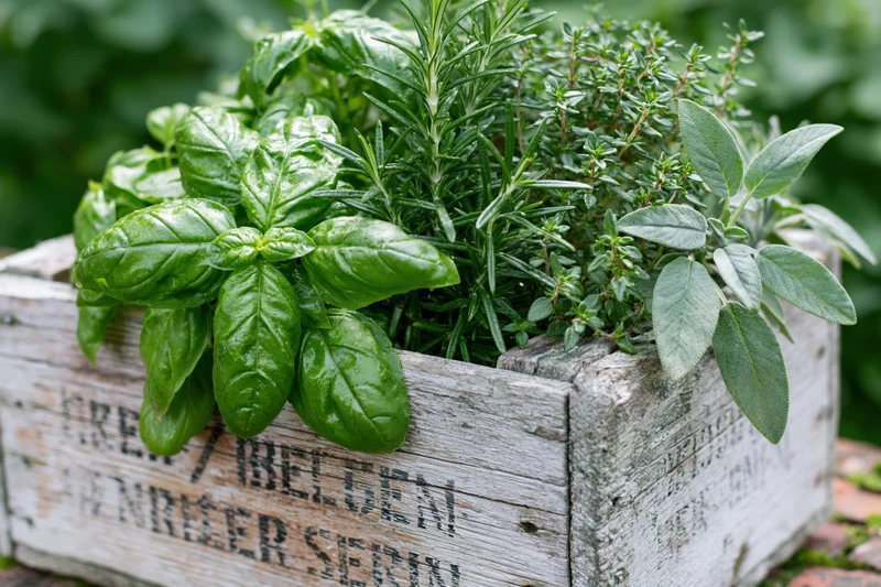 Mixed fresh herbs growing in a weathered wooden crate outdoors