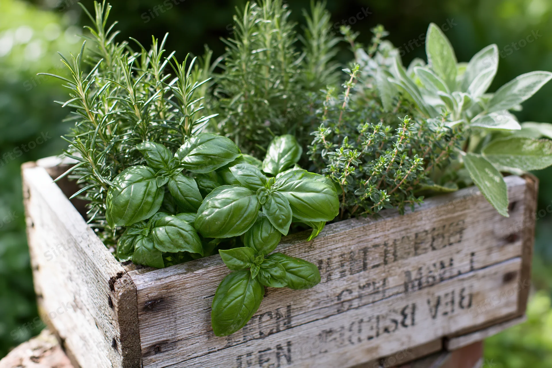 Fresh herbs including basil, rosemary, thyme and sage growing in a weathered wooden crate outdoors