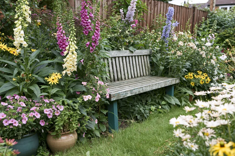 Weathered wooden bench surrounded by blooming flowers in a lush cottage garden