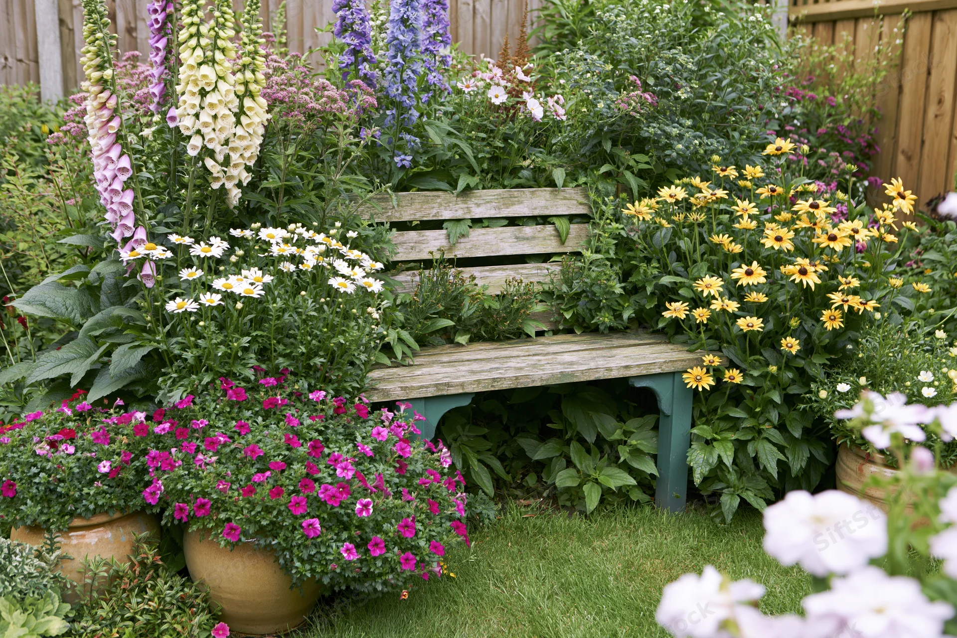 Weathered wooden bench surrounded by colorful flowers and greenery in a cottage garden