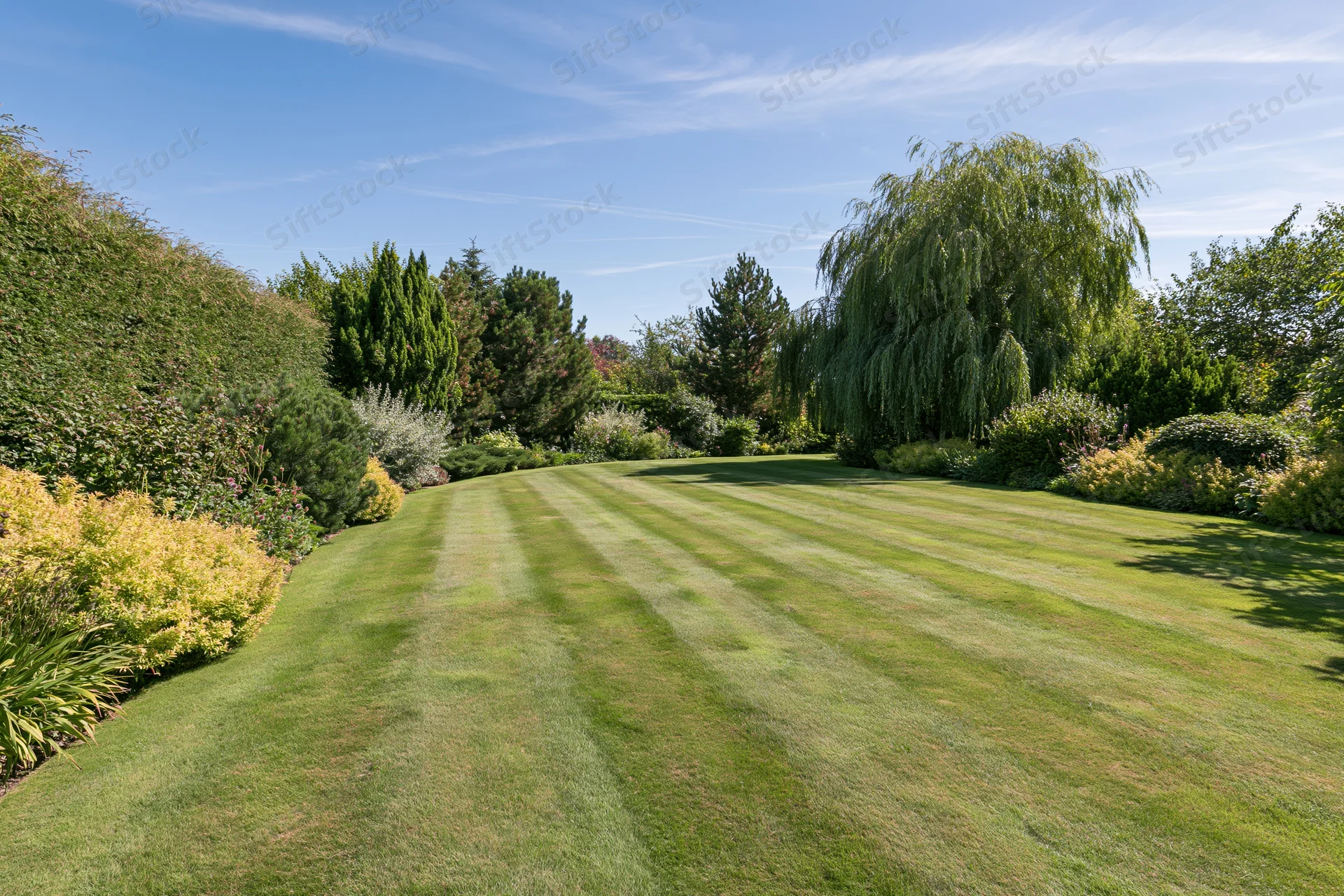 Striped lawn in a well-maintained english country garden surrounded by trees and shrubs
