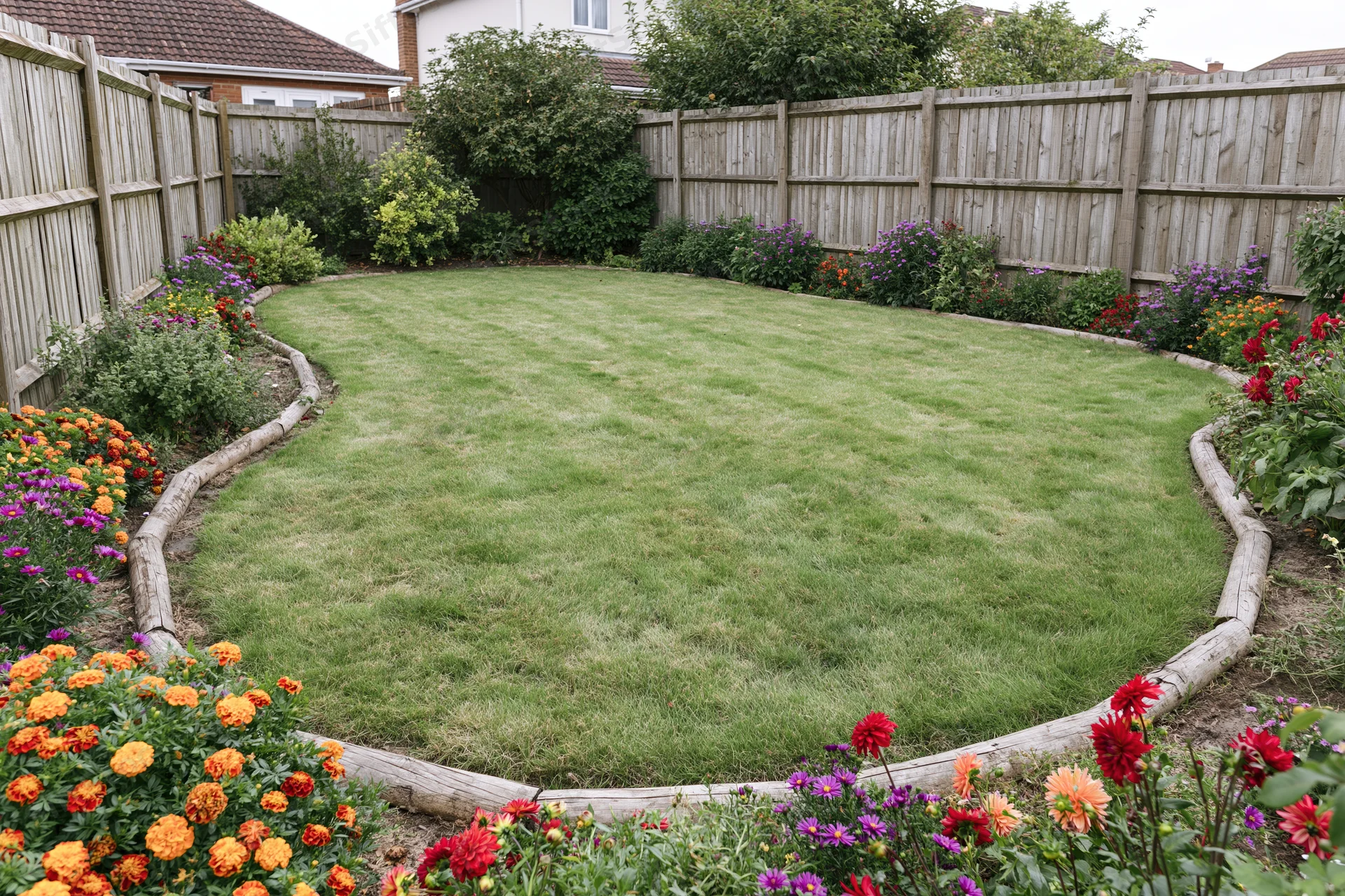 Curved lawn bordered by flowerbeds with marigolds and dahlias in a suburban backyard