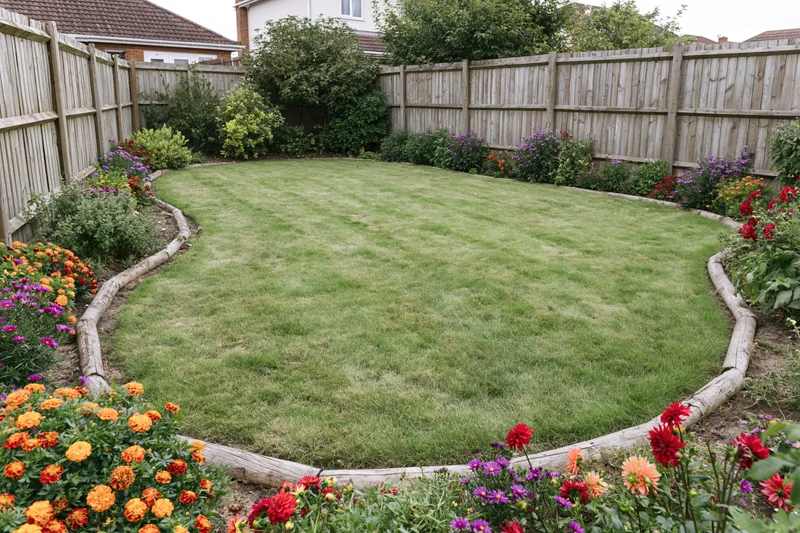 Curved lawn bordered by flowerbeds with marigolds and dahlias in a suburban backyard