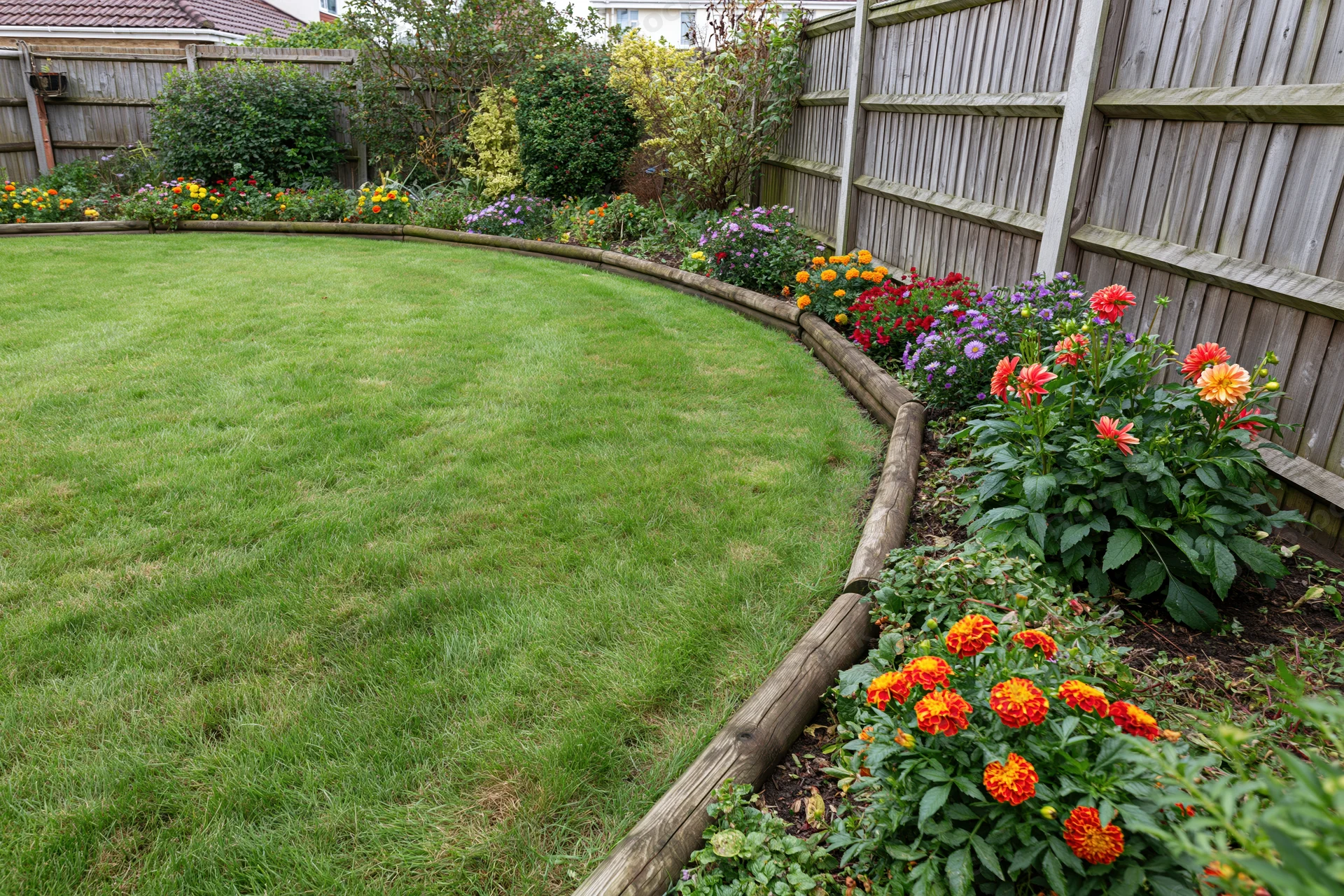 Curved flowerbed with colorful blooms along wooden border in suburban backyard