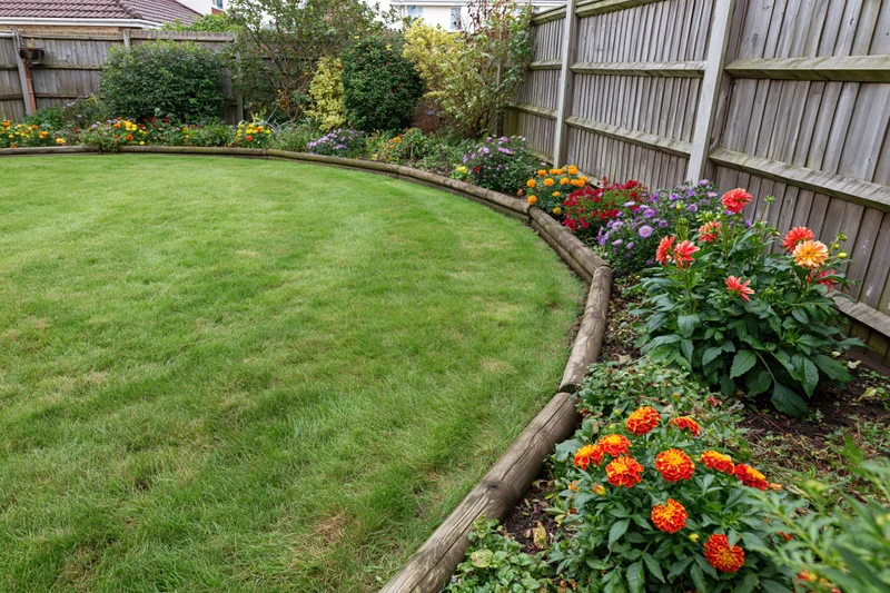 Curved flowerbed with colorful blooms along wooden border in suburban backyard