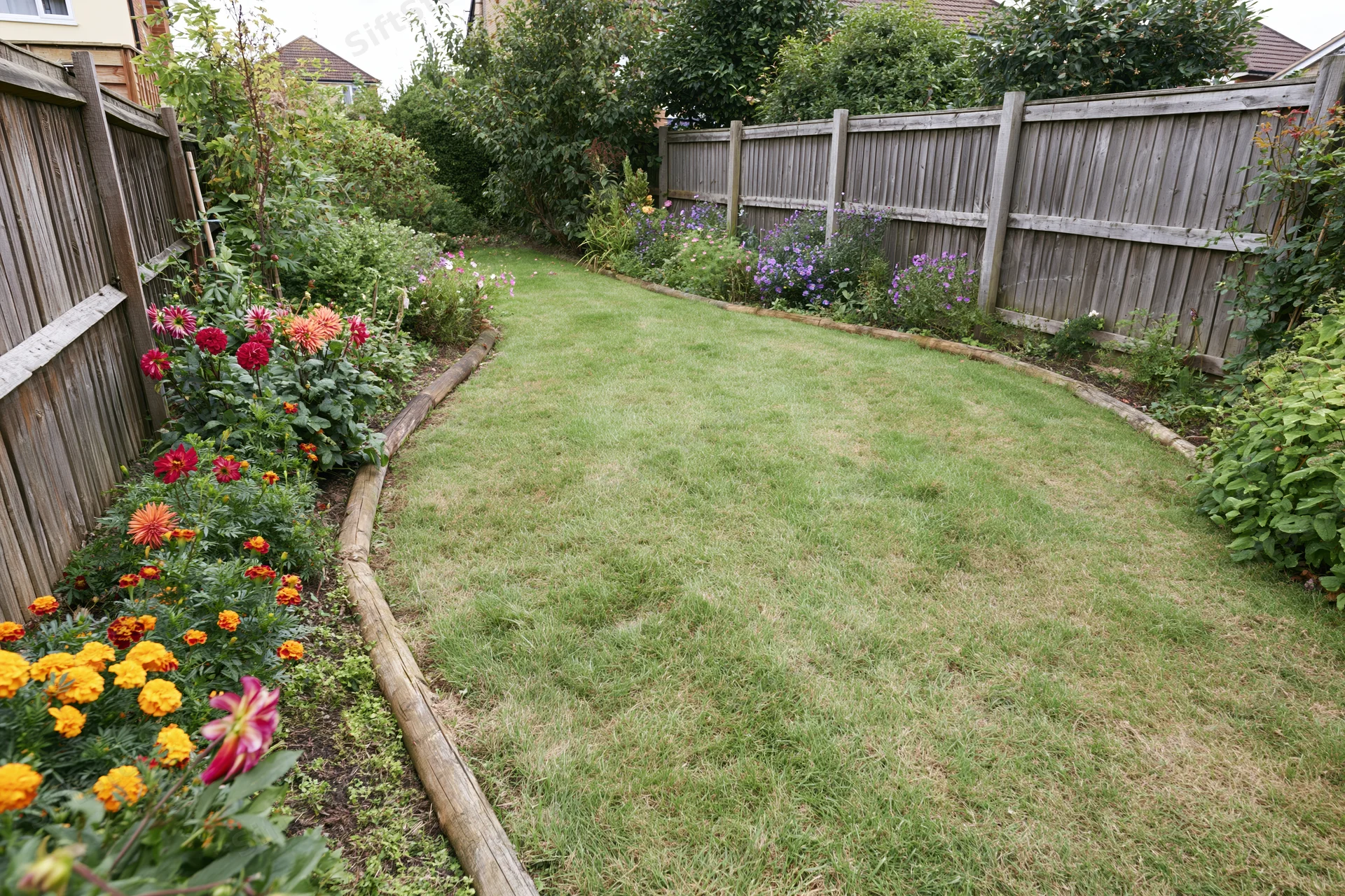 Curved lawn bordered by flowerbeds and wooden fence in suburban backyard