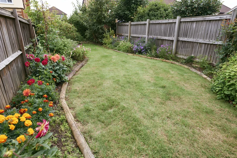Curved lawn bordered by flowerbeds and wooden fence in suburban backyard