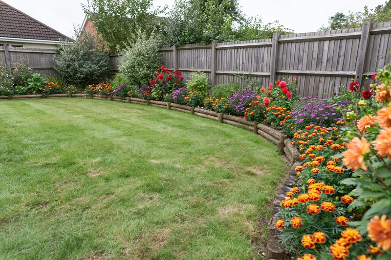 Curved flowerbed with colorful blooms along a wooden fence in a suburban backyard
