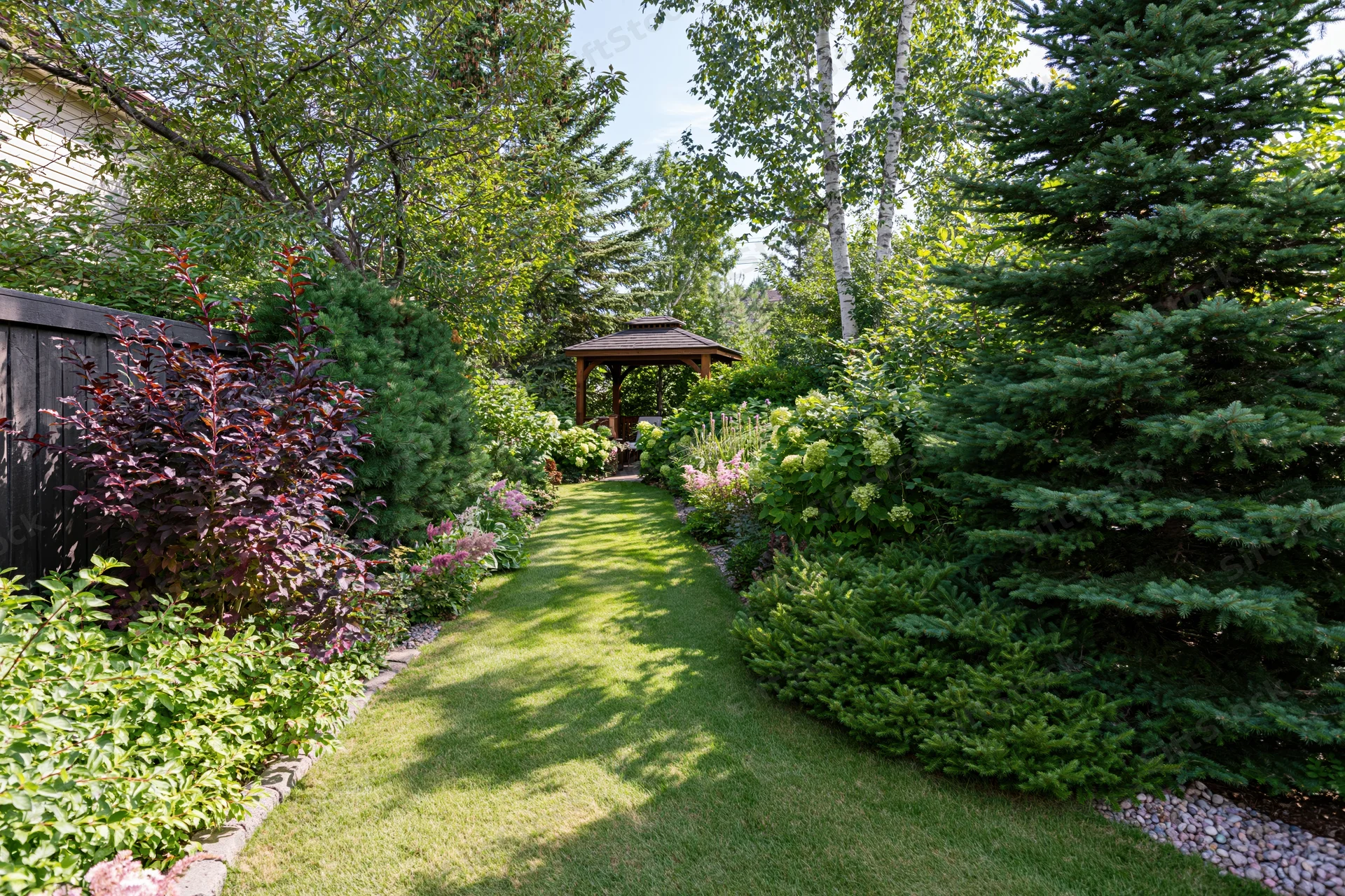 Narrow grass pathway lined with shrubs and flowers leading to a wooden gazebo in a private backyard garden