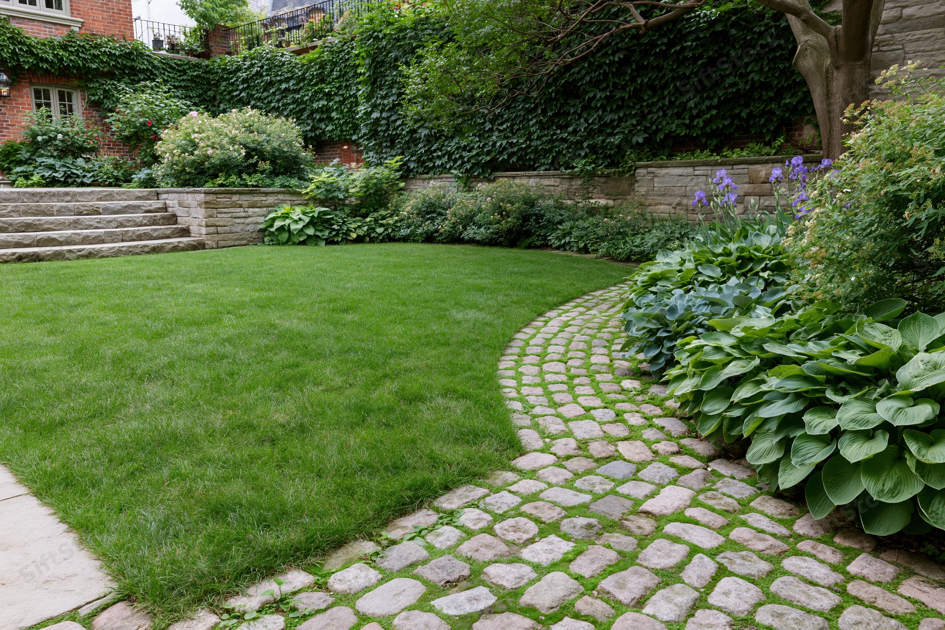 Curved cobblestone pathway winding through a green lawn bordered by hosta plants and ivy-covered walls in a private garden