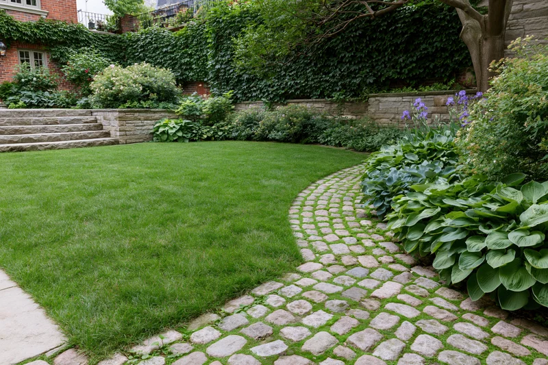 Curved cobblestone pathway winding through a green lawn bordered by hosta plants and ivy-covered walls in a private garden