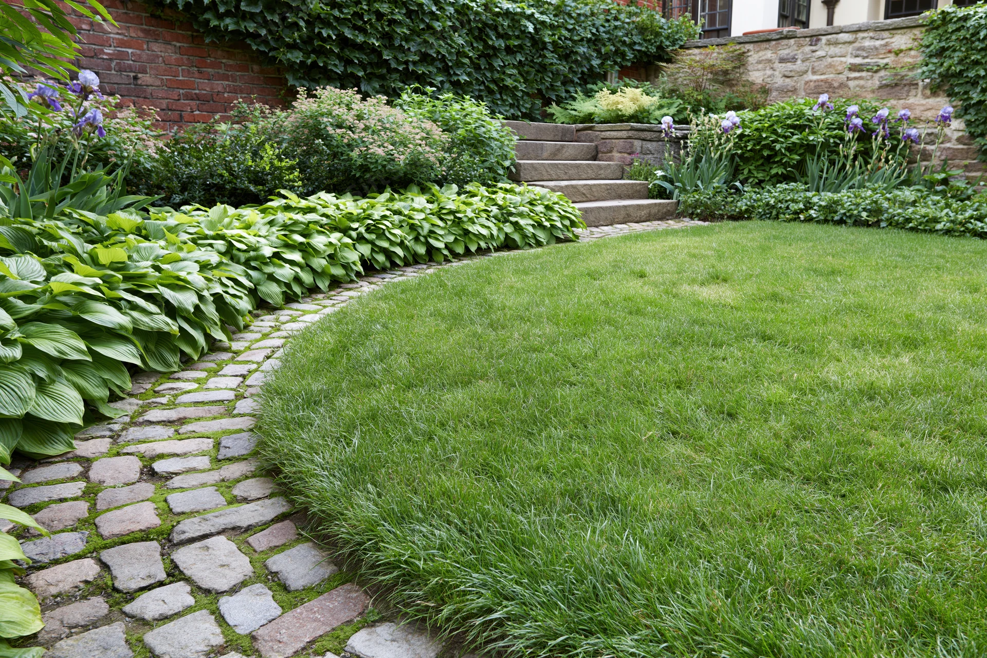 Curved cobblestone path winding through a lush green garden bordered by hostas and irises near stone steps and a brick wall