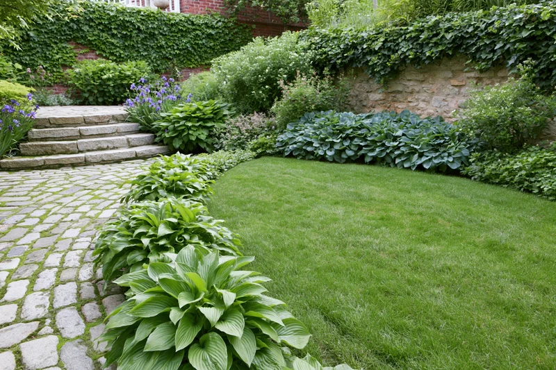 Curved cobblestone path leading to stone steps beside a green lawn bordered by hosta plants and ivy-covered walls in a private garden