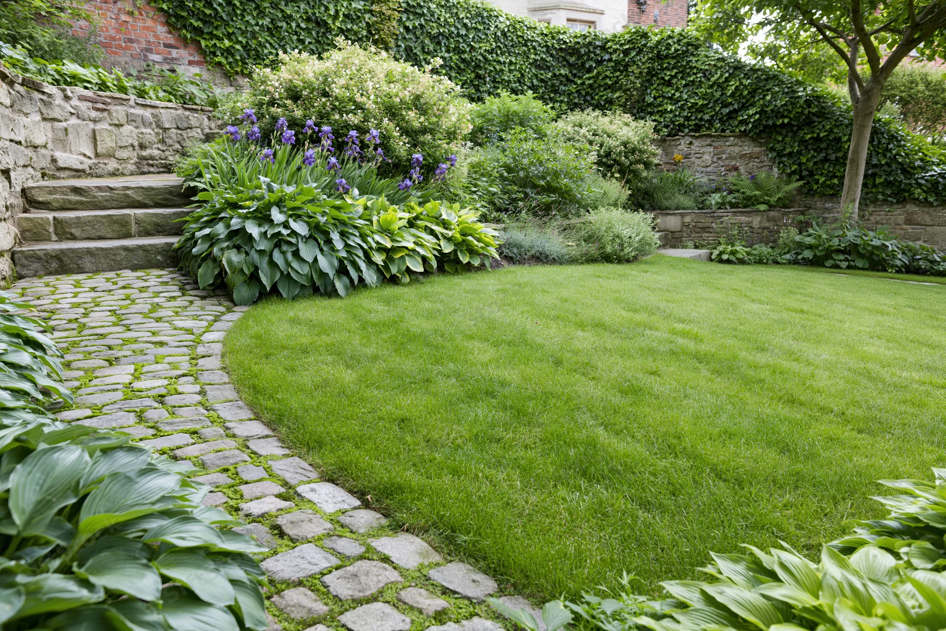 Curved cobblestone pathway winding through a lush green garden with hosta plants and ivy-covered walls