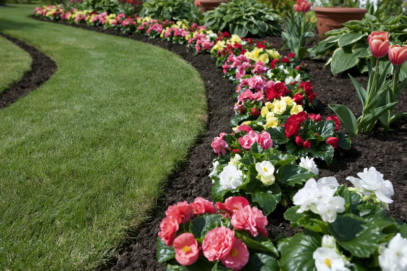 Curved flowerbed with colorful begonias and tulips along a green lawn in a residential garden