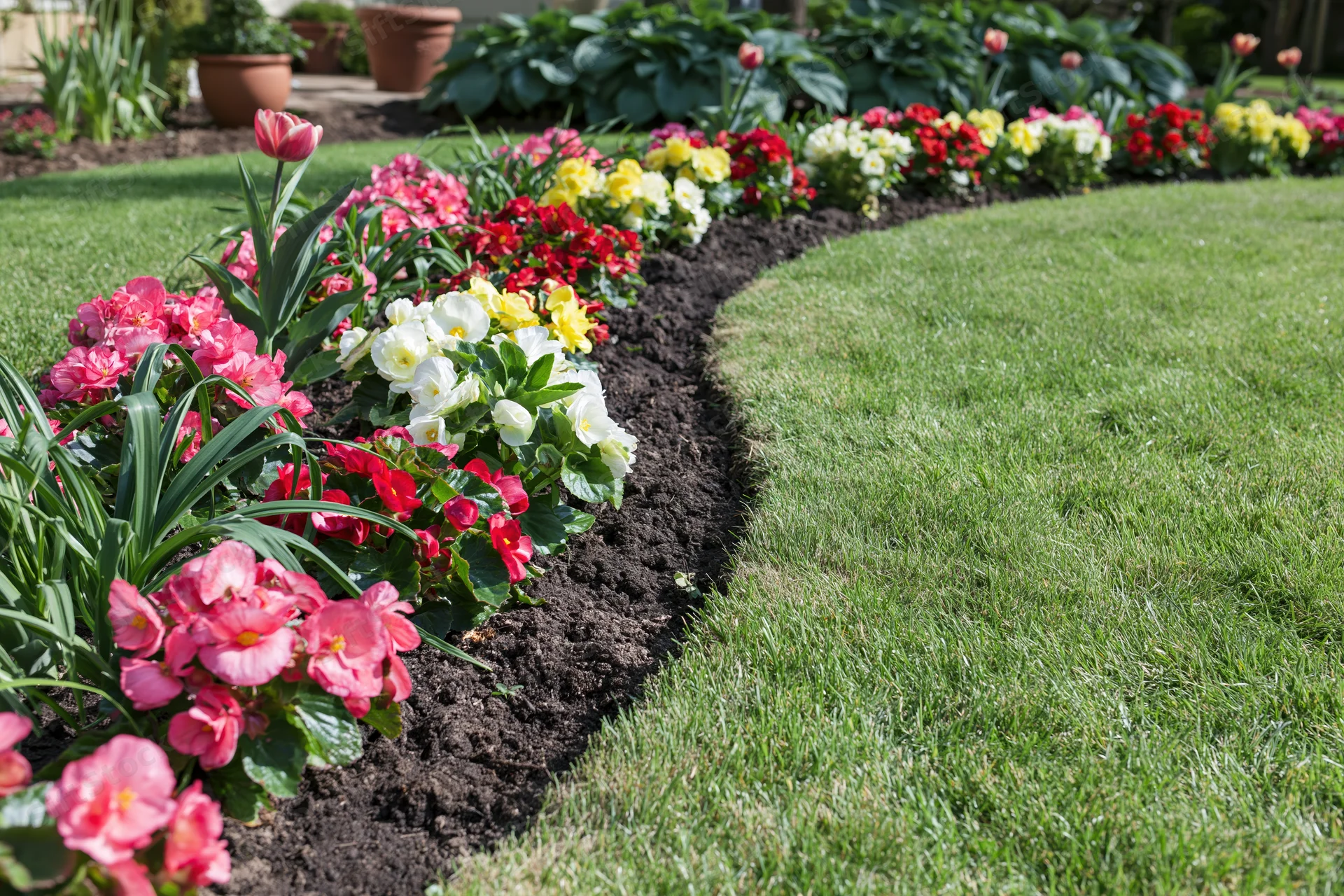 Curved flowerbed with colorful blooms along a green lawn in a residential garden