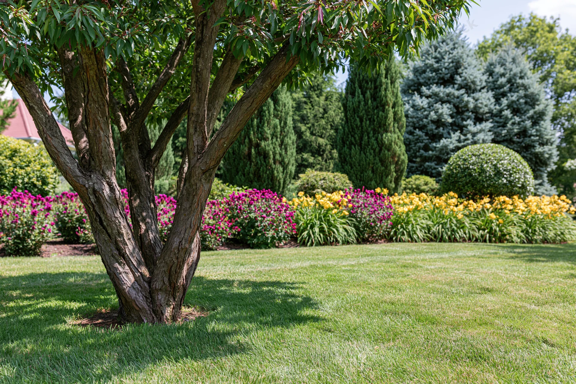 Multi-trunk tree in a manicured residential garden with colorful flowerbeds and evergreen shrubs