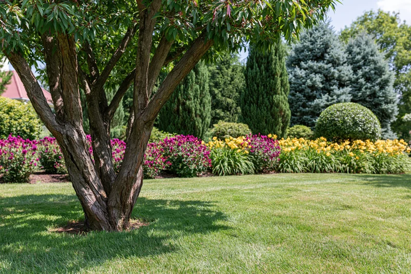 Multi-trunk tree in a manicured residential garden with colorful flowerbeds and evergreen shrubs