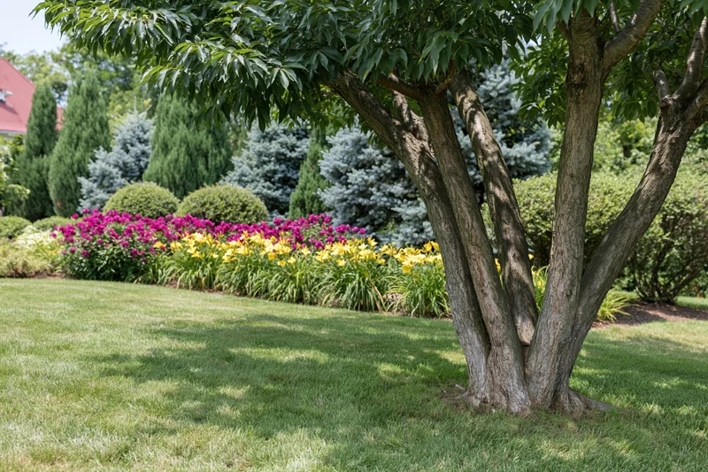 Multi-trunk ornamental tree in a well-maintained residential garden with colorful flower beds and green lawn