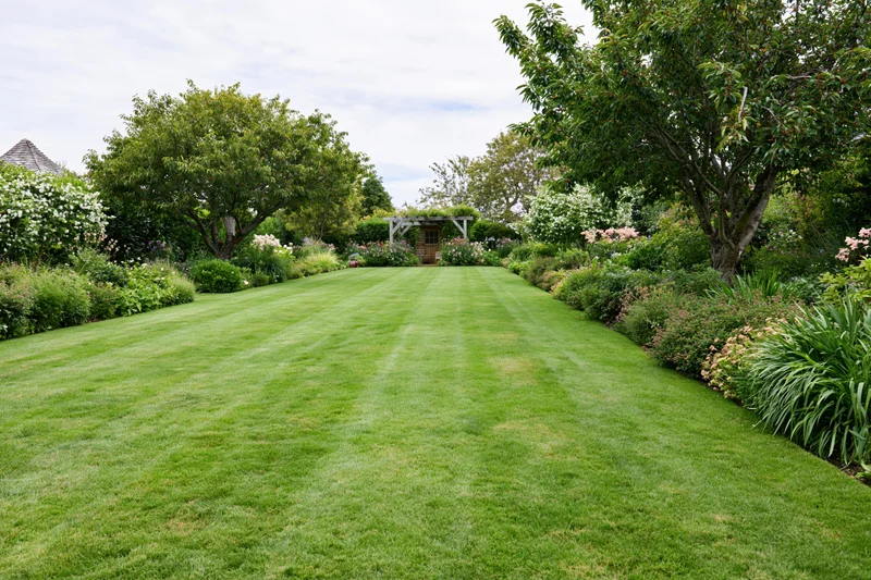 Neatly mowed lawn bordered by shrubs and trees in a residential garden