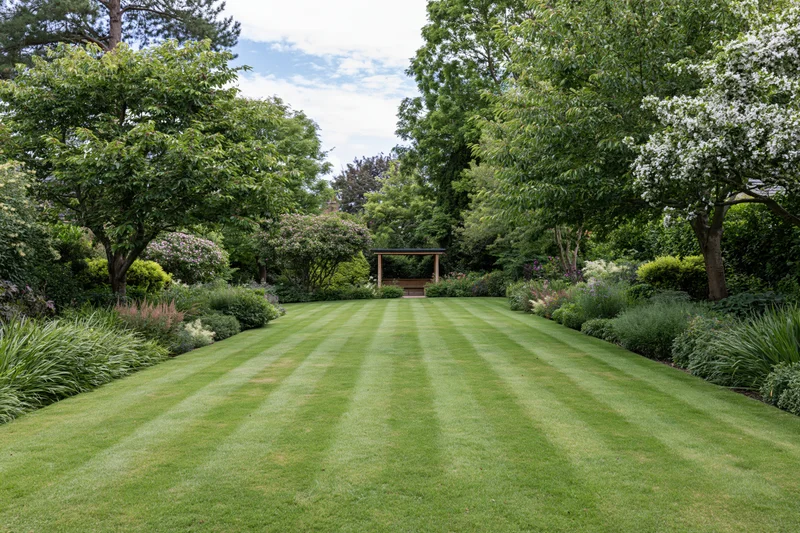 Striped mowed lawn in a residential garden bordered by trees and shrubs under a partly cloudy sky