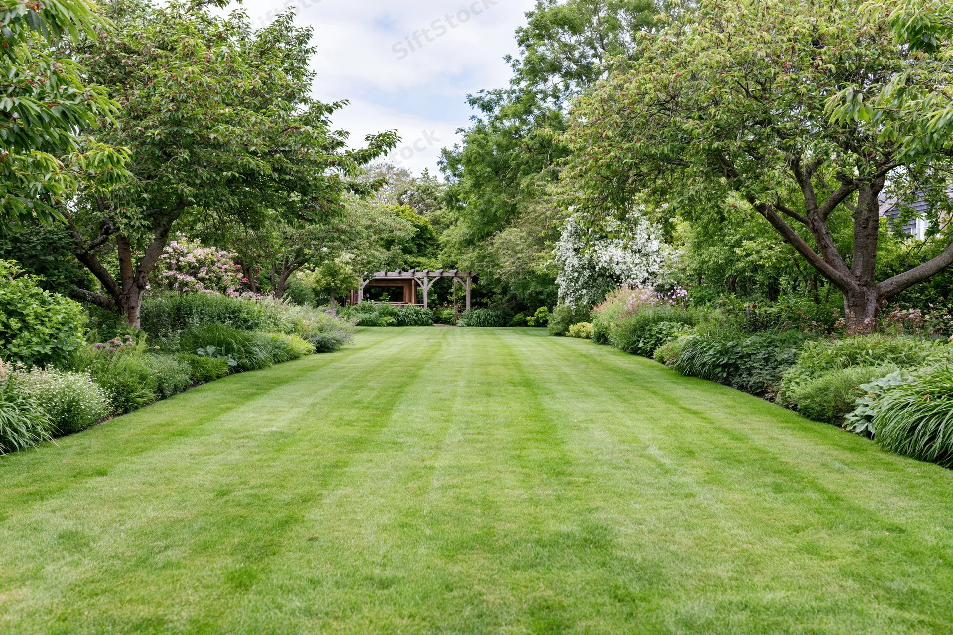 Neatly mowed green lawn in a residential garden bordered by trees and shrubs with a wooden pergola in the distance