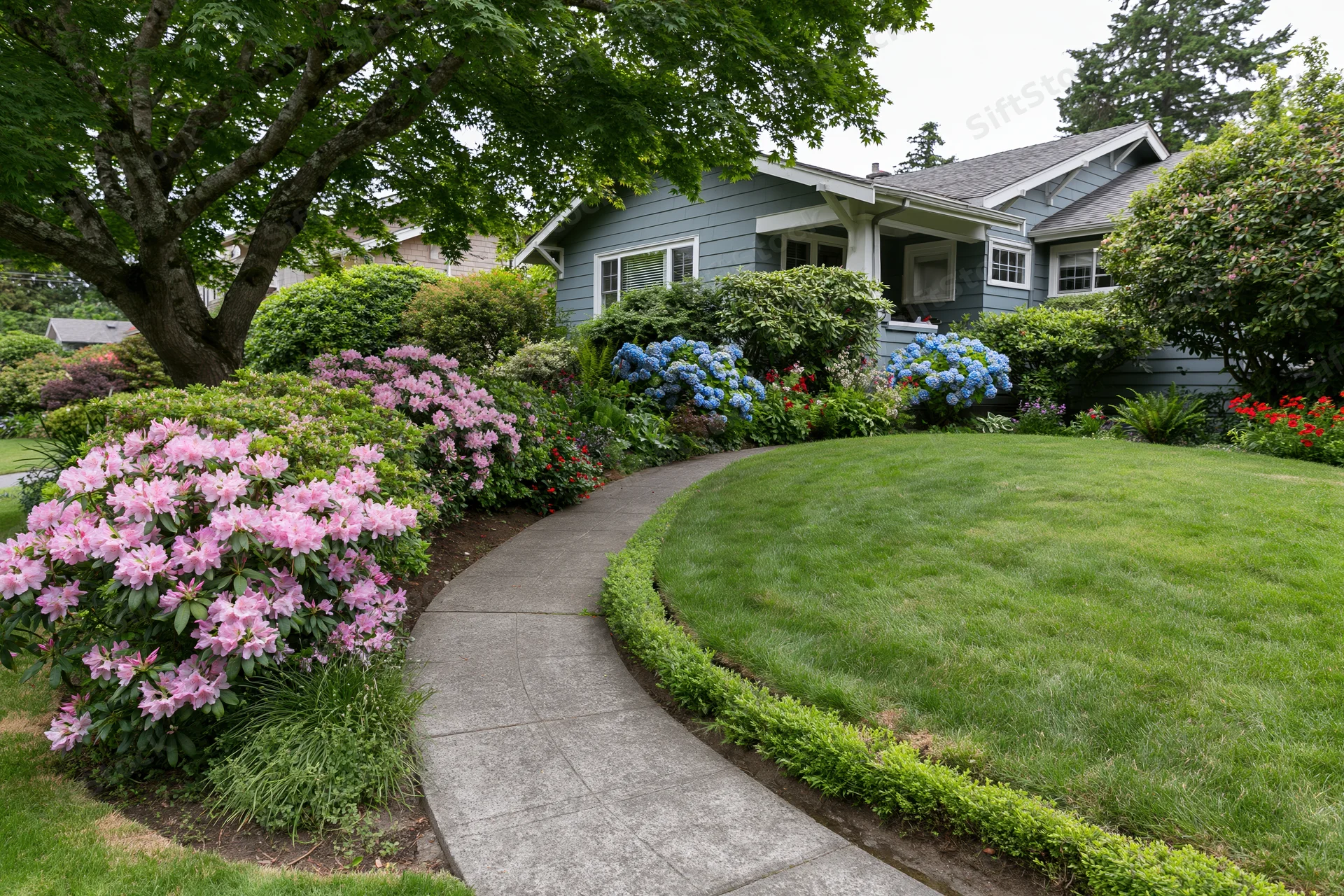 Curved concrete pathway leading to a blue house surrounded by blooming shrubs and manicured lawn