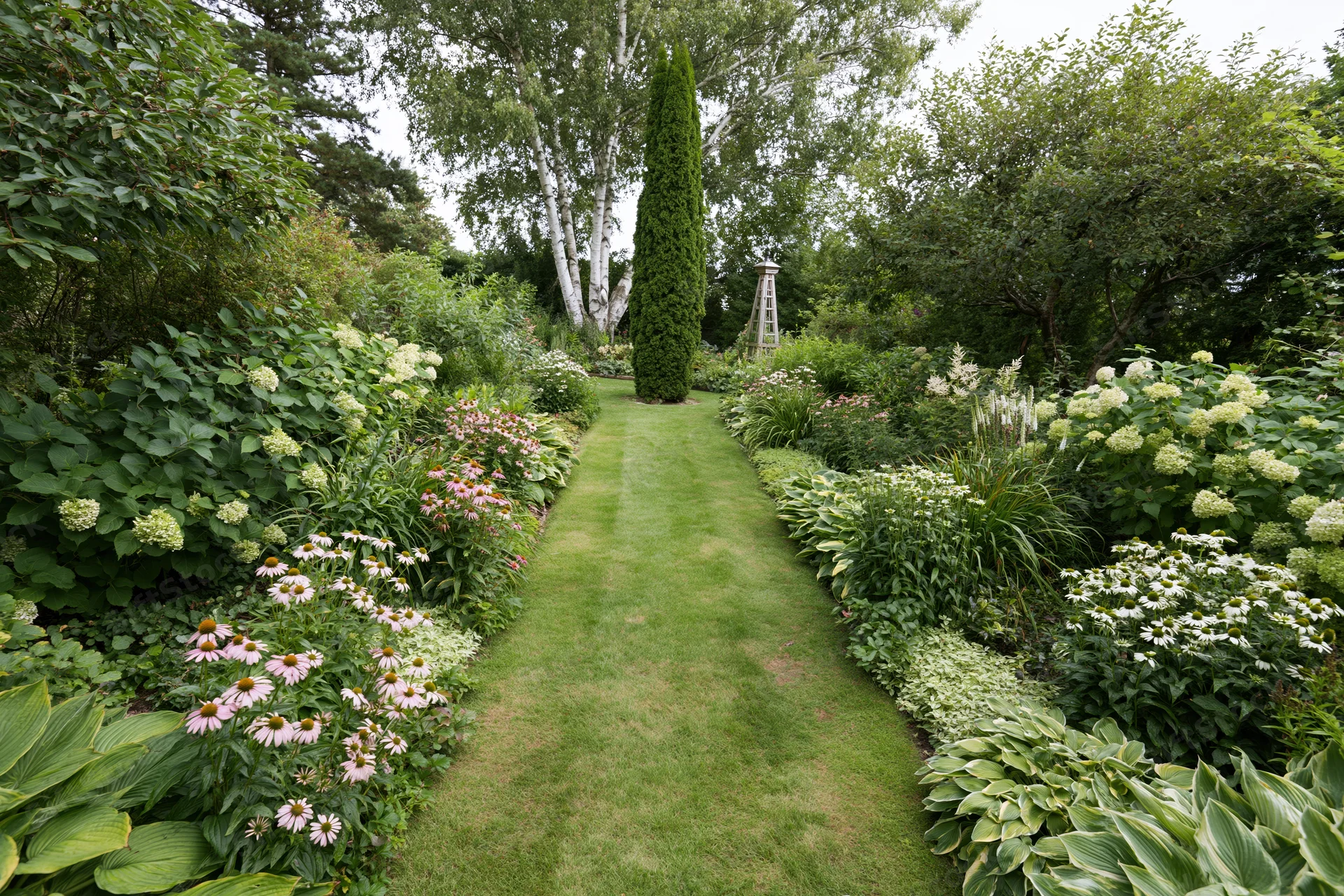 Grass path lined with flowering plants and shrubs in a private garden