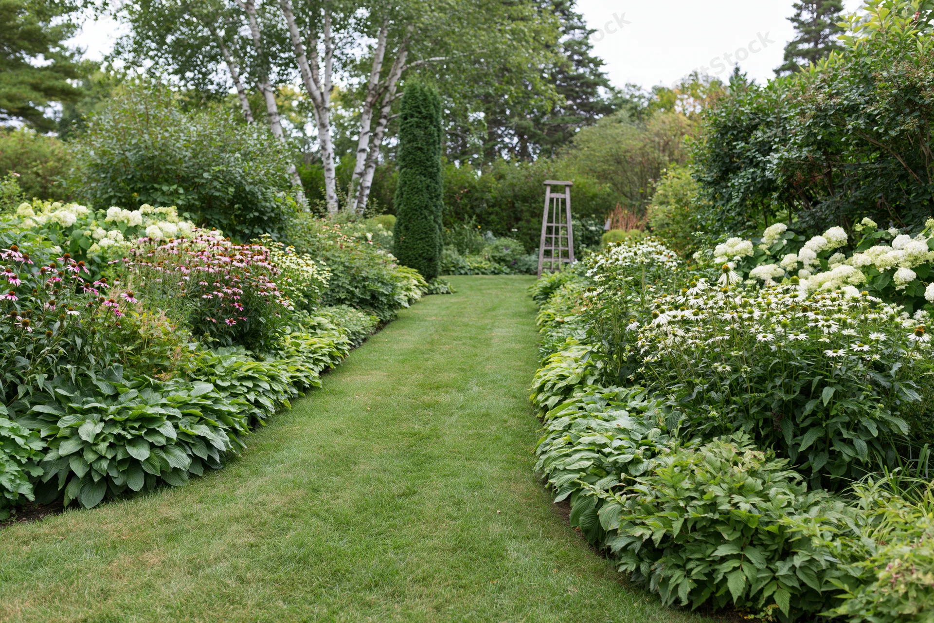 Grass path lined with blooming flowers and shrubs in a private garden